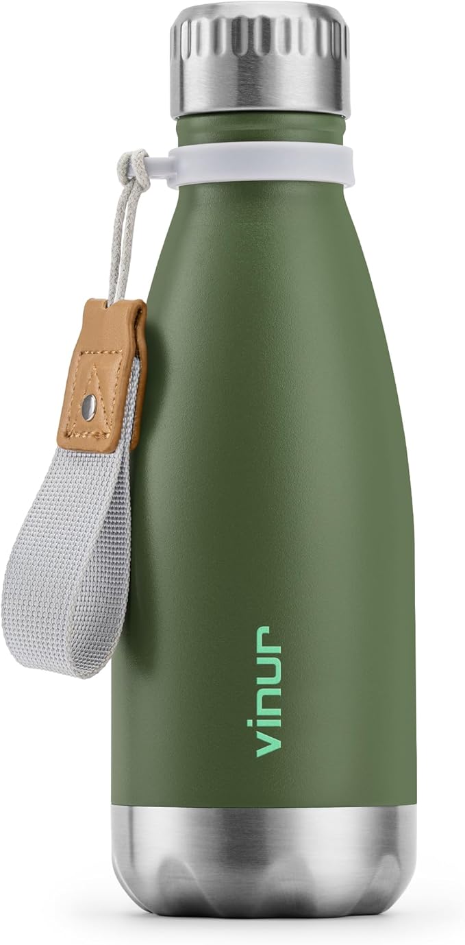 VINUR Kids Water Bottle-12 oz Stainless Steel Double Wall Vacuum Insulated Water Bottle for School-Cola Shape Flask with Carry Rope(Grass Green)