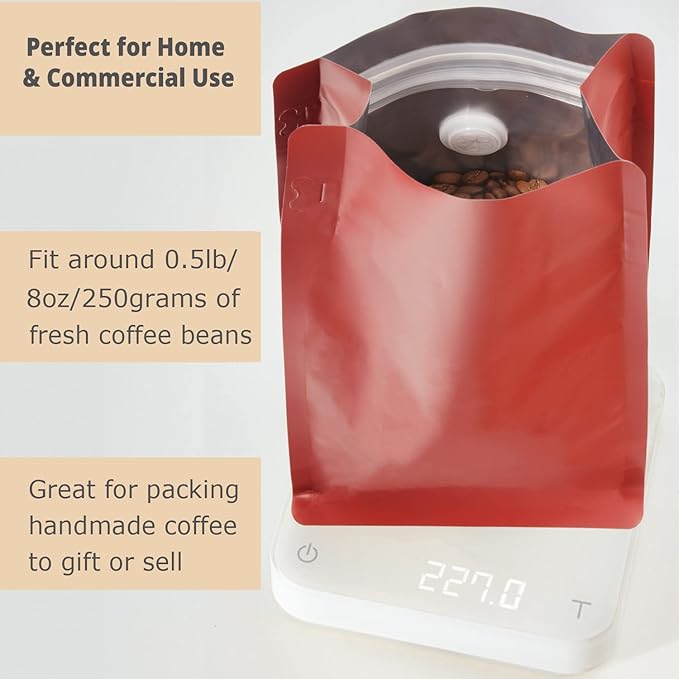 100 Count 8oz Red Coffee Bags with Aluminum Foil Liner, High Barrier Coffee Pouches with Degassing Valve, Ziplock Food Storage Bags with Pull Tape, Pack of 100, 6oz/0.5lb/250gram