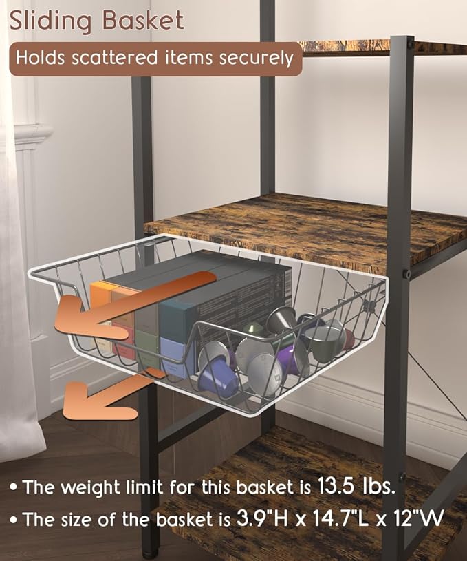 4 Tier Coffee Bar Station, Corner Bakers Rack with 5 Hooks & Wire Basket, Coffee Maker Stand for Small Space, Kitchen Storage Shelf for Entryway, Living Room, Café, Black, 16.5"x13"x47.8"