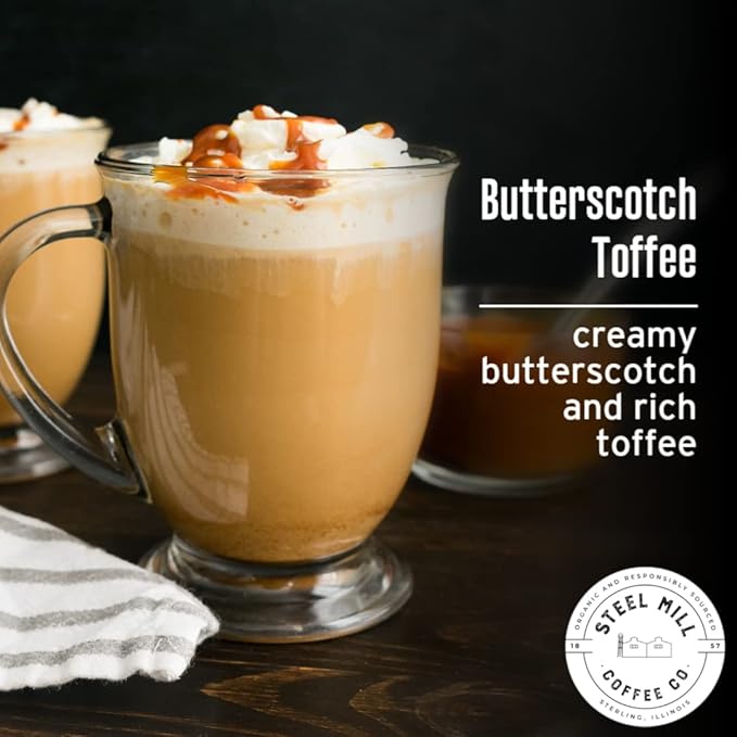 Steel Mill Coffee Co. Butterscotch Toffee Flavored Coffee – Ground – Medium Roast – 100% Arabica Beans – Vegan, Gluten-Free, Sugar-Free – 12 oz Bag