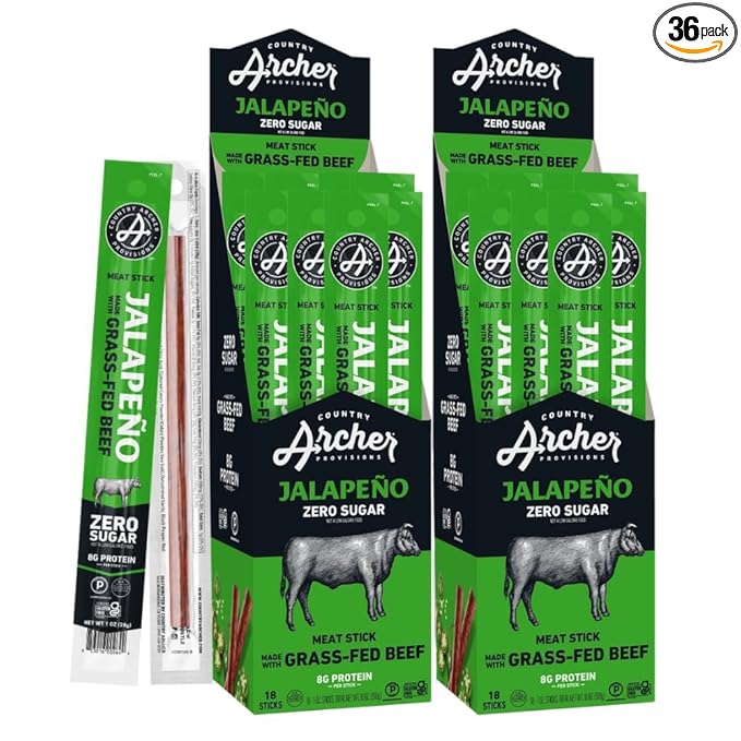 Archer Jerky Beef Jerky Sticks Jalapeno - Grass Fed Beef Sticks Individually Wrapped, Bulk Snack Packs, Gluten Free, Paleo, Keto, Sugar Free - 1 oz (Pack of 36)