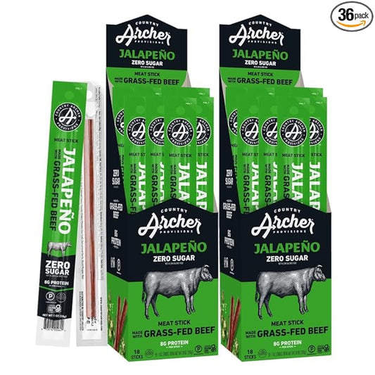 Archer Jerky Beef Jerky Sticks Jalapeno - Grass Fed Beef Sticks Individually Wrapped, Bulk Snack Packs, Gluten Free, Paleo, Keto, Sugar Free - 1 oz (Pack of 36)
