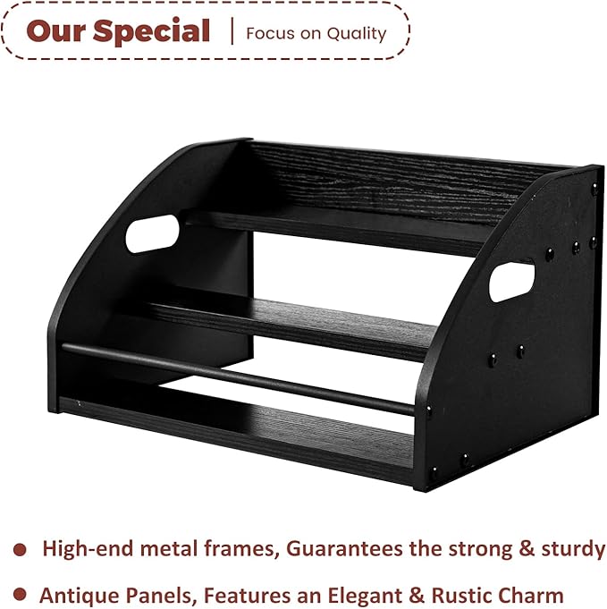 STAEVER Premium Metal Design - Strong Liquor Bottle Display Shelf, 3 Steps Extra Large Rustic Mini Bar, Countertop Coffee Syrup Organizer with Handles, Ideal Gift for Dad & Liquor Enthusiasts