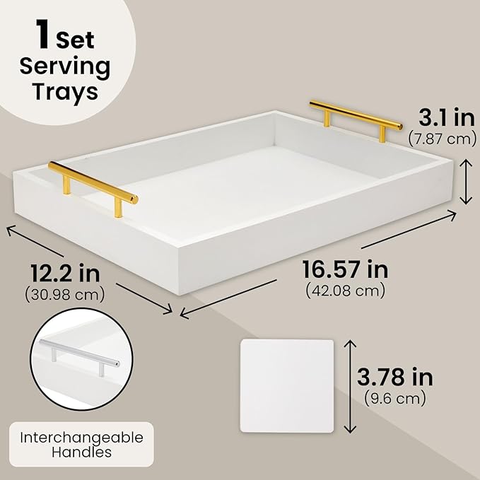 Juvale Ottoman Tray with Coasters & Interchangeable Gold & Silver Handles - 15.7" x 11.8" x 3.1" - White Rustic Wood Rectangular - Coffee Table Tray for Serving & Decorative Accents