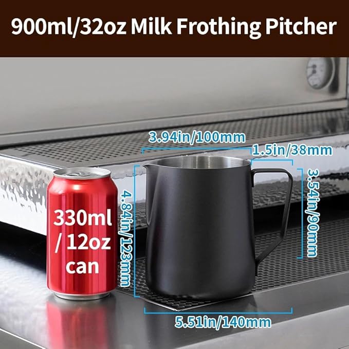 watchget Milk Frothing Pitcher 32oz/900ml - Stainless Steel Frothing Pitcher Espresso Steaming Pitcher Coffee Frother Cup Cappuccino Latte Art Coffee Machine Accessories Milk Jug, Black