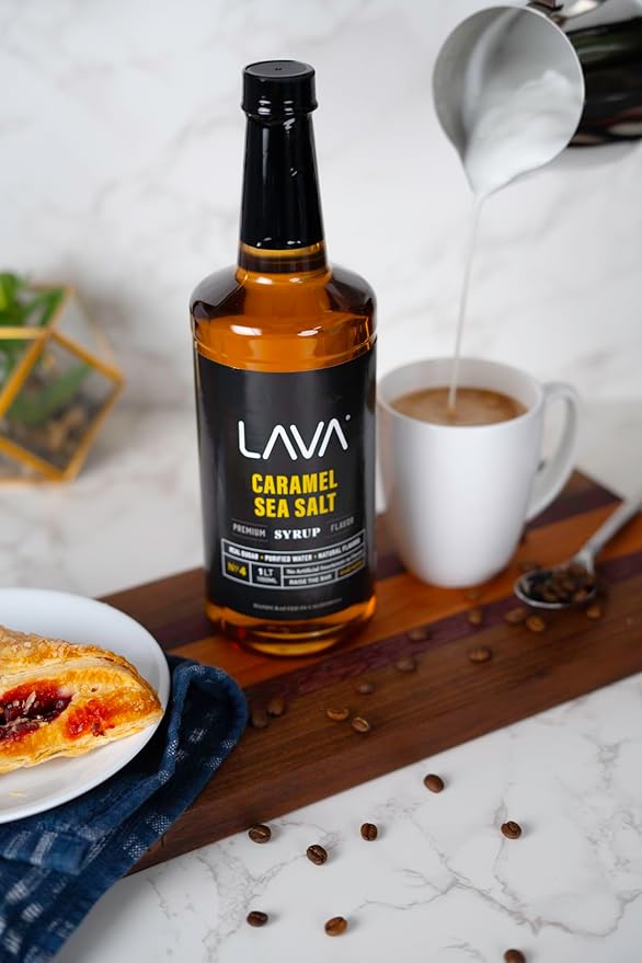 LAVA Premium Salted Caramel Syrup, Sea Salt Caramel Coffee Sweetener, 33.8oz (1-Liter), Made with 100% Sugar, No Artificial Sweeteners, Flavors, or Colors. (1-Pack)