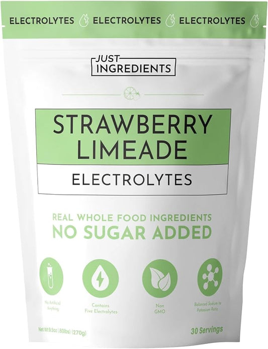 JUST INGREDIENTS Strawberry Limeade Electrolytes – 30 Serving Bag – Hydration Drink Mix with Essential Minerals – Remineralizing Formula – No Sugar Added – Supports Energy – Vegan, Non-GMO