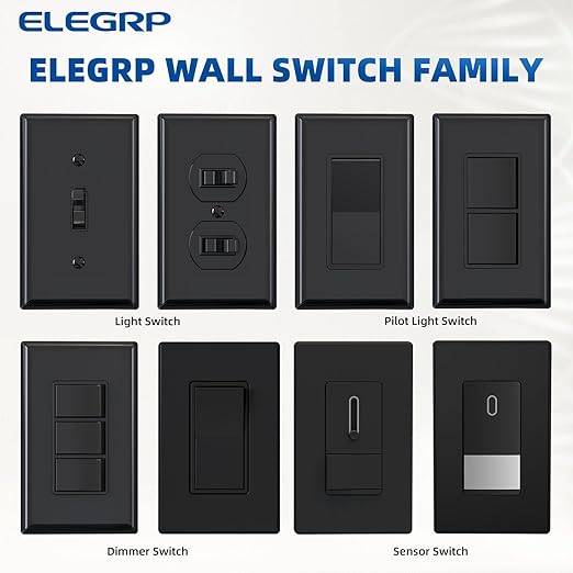 ELEGRP Decorator Double Rocker Light Switch, Two Single Pole Electrical Paddle, 15A 120V, In-Wall On/Off, Self-grounding, With Screwless Wall Plate, UL Listed (1 Pack, Glossy Black)