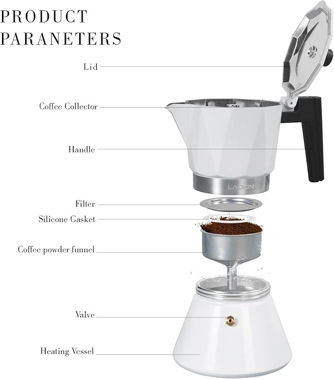 LAOION Moka Pot, 6-Cup Espresso Maker, 300ml Portable Stovetop Espresso Maker, Percolator Coffee Pot Compatible with Induction Cooktops, Suitable for Home and Camping (White)