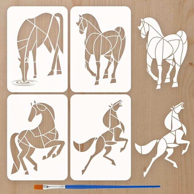 FINGERINSPIRE 4 Pcs Geometric Horses Painting Stencil with Paintbrush 11.7x8.3inch Reusable Elegant Horse Stencils for Painting on Wood, Fabric, Canvas & Furniture Home Decor