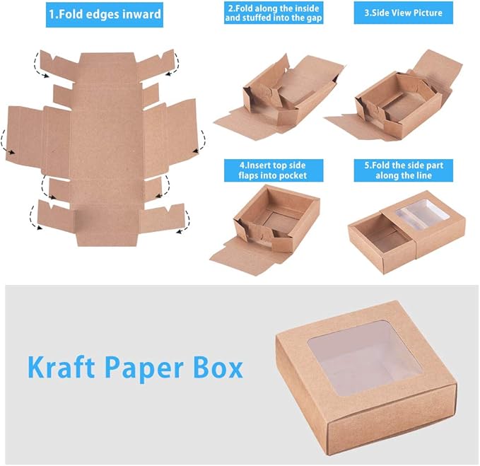 BENECREAT 20 Packs 3.5x3.5x1.2 Square Kraft Paper Gift Boxes Drawer Box with PVC Window Lid for Birthday Party Favor Treats Bakery and Candy