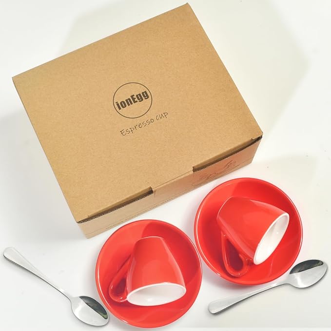 ionEgg Porcelain Espresso Cup with Saucer And Stainless Steel mini Spoons, Espresso shot Cup, 80ml/2.7Oz, Pack of 2, Red