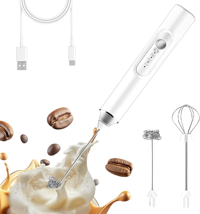 Milk Frother Hand Mixer, Rechargeable Electric Whisk, Cordless Handheld Foam Stirrer with 2 Heads 3 Speeds, For Latte, Cappuccino, Hot Chocolate, Egg, Protein Powder (White)
