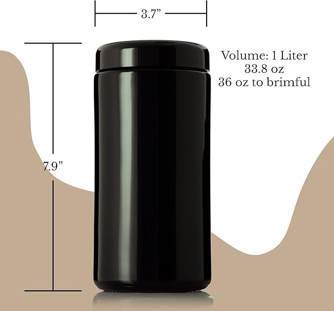 Black Ultraviolet Glass Jar with Lid | 1 Liter 33.8 oz Airtight Smell Proof Container | Wide Neck Herb Storage, Ideal for Coffee, Tea, Spices, Dried Goods, Tall Glass Jar for Kitchen