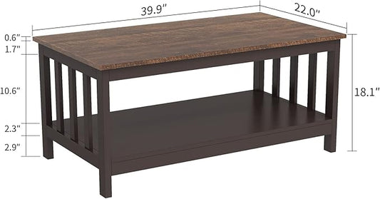 ChooChoo Farmhouse Coffee Table, Espresso Living Room Table with Shelf, 40 Inch