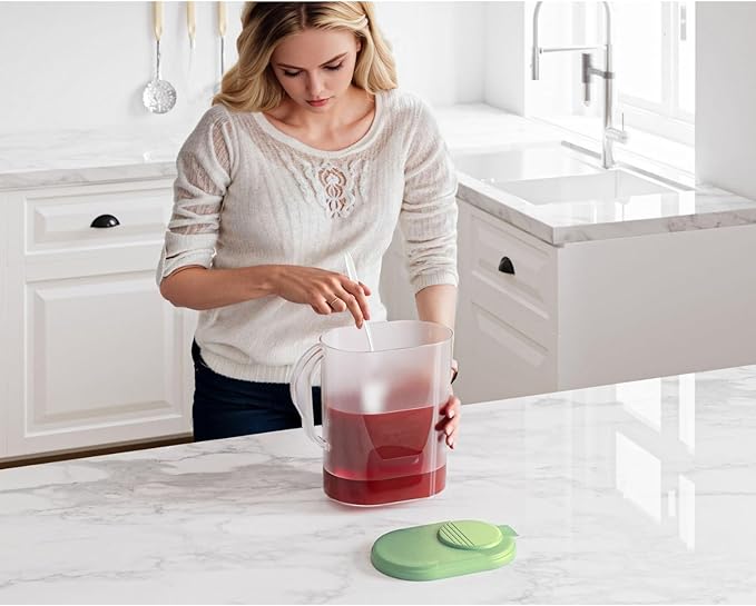Tribello 1-Gallon Slim Plastic Pitcher with Lid – Clear Water Jug with Pivot-Top Spout, Iced Tea Pitcher for Fridge, Dishwasher/Freezer Safe, BPA & Phthalate Free – Sage Green