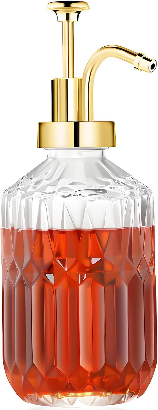 Glass Coffee Syrup Dispenser 13.5oz, Syrup Bottles with Luxurious Diamond Texture, Gold Syrup Pump, Coffee Bar Accessories, Kitchen Decoration