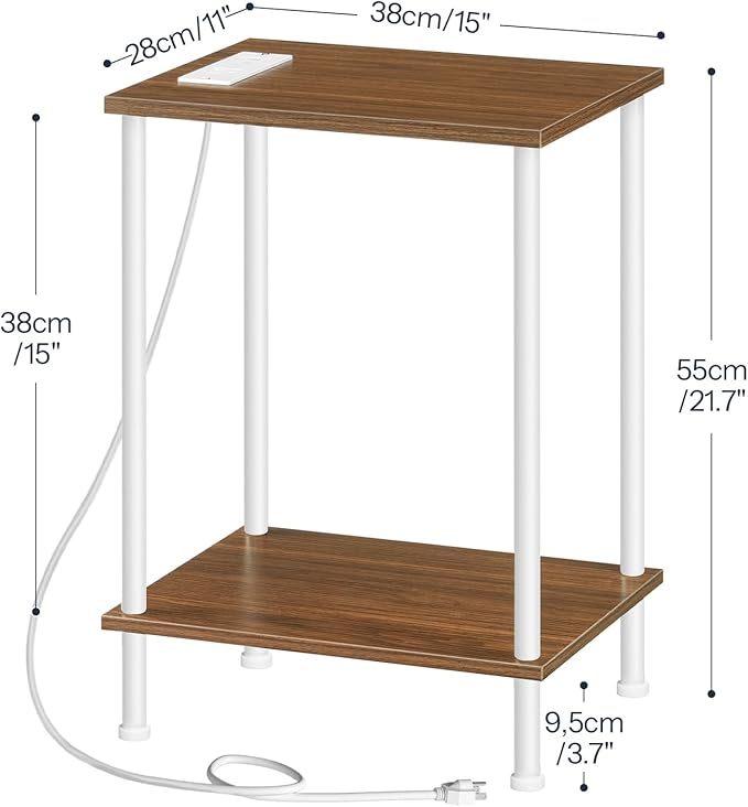 HOOBRO Side Table with Charging Station, Set of 2 End Table with USB Port and Outlets, Nightstand with 2-Layer Storage Shelves for Small Spaces, Living Room, Bedroom, Walnut and White WH09UBZP201