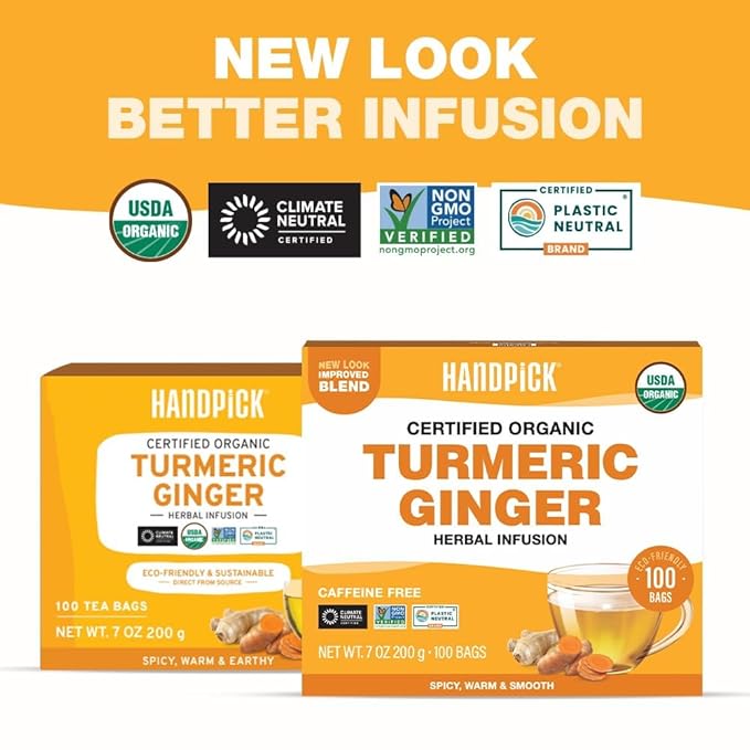 HANDPICK, Organic Turmeric Ginger Tea (100 Tea Bags) | Indian Origin | Caffeine Free, Gluten Free, Non-GMO | Savory & Spicy I Ecofriendly round tea bags