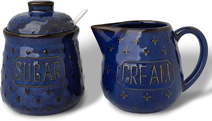 GDCZ Ceramic Sugar and Creamer Set, Coffee Serving Set, Sugar Bowl with Spoon and Cream Pitcher, Milk Creamer and Sugar Container (Blue)