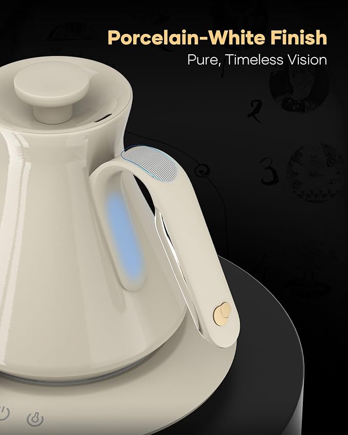 Cocinare Master Collection Dali White Gooseneck Electric Kettle, ±0.5℉ Precise Temperature Control for Pour-Over Coffee & Tea, Quick Heating 1500W, Stainless Steel Interior, 0.9L