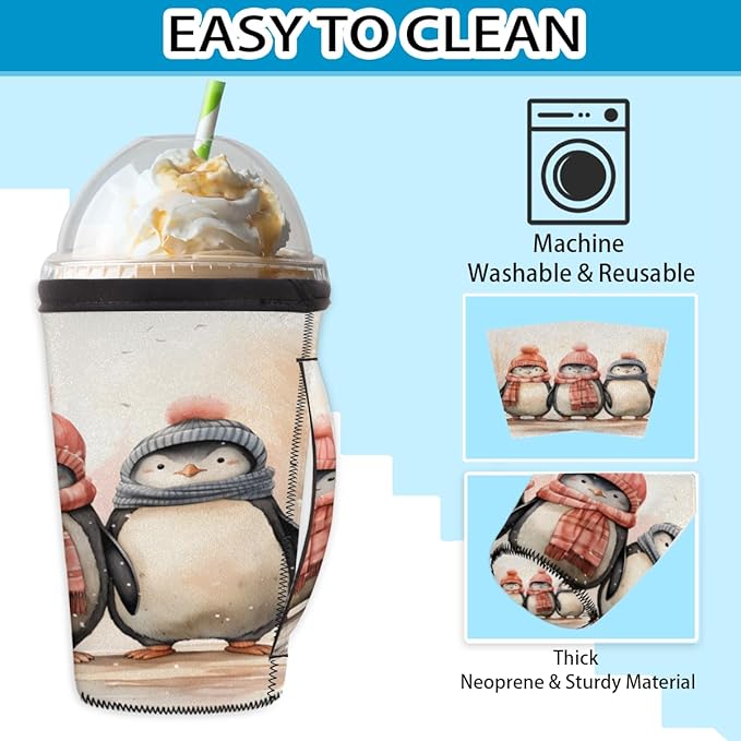 Penguin Reusable Insulator Coffee Sleeves for Drinks Beverages, Winter Penguins Neoprene Holder with Handle for Most Coffee or Ice Drink, 30-32oz
