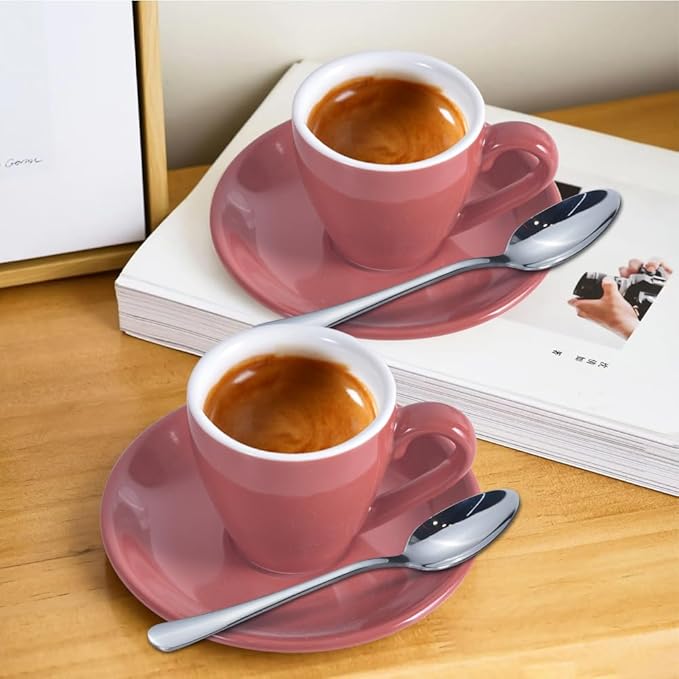 ionEgg Porcelain Espresso Cup with Saucer And Stainless Steel mini Spoons, Espresso shot Cup, 80ml/2.7Oz, Pack of 2, Pink