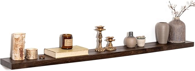 55 inch Floating Shelves for Wall, Rustic Solid Elm Wood Floating Shelf, Wall Mounted Long Wall Shelves for Bedroom, Kitchen, Living Room and Bathroom, Real Dark Wood Shelf for Home, Walnut