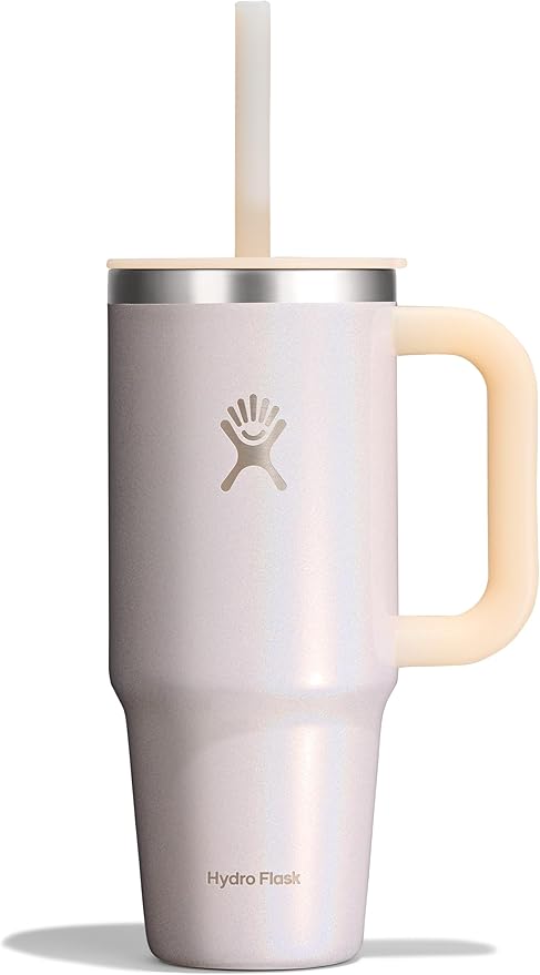 Hydro Flask Travel Tumbler with Handle, Lid and Straw - Insulated Stainless Steel in 24 Oz Glimmer Cream