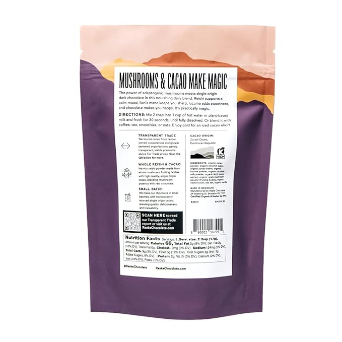 Raaka Cocoa Magic Mushroom Hot Chocolate Blend with Lion’s Mane, Reishi and Lucuma - Gourmet Adaptogenic Mushroom Hot Chocolate - Organic, Vegan, Low Sugar, Gluten Free, Kosher - 5 oz. Bag (8 Servings)