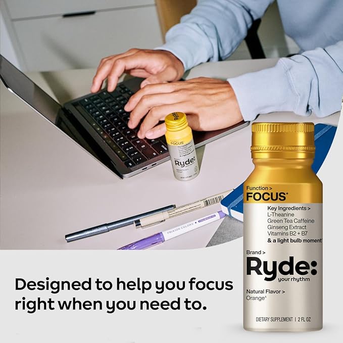Ryde: Focus Shot | Orange Flavor | L-Theanine & Ginseng | Green Tea Caffeine | Vitamins B2 & B7 | 0 Calories, 0 Sugar | 2 FL OZ Shots | Supports Focus* (24 Pack)