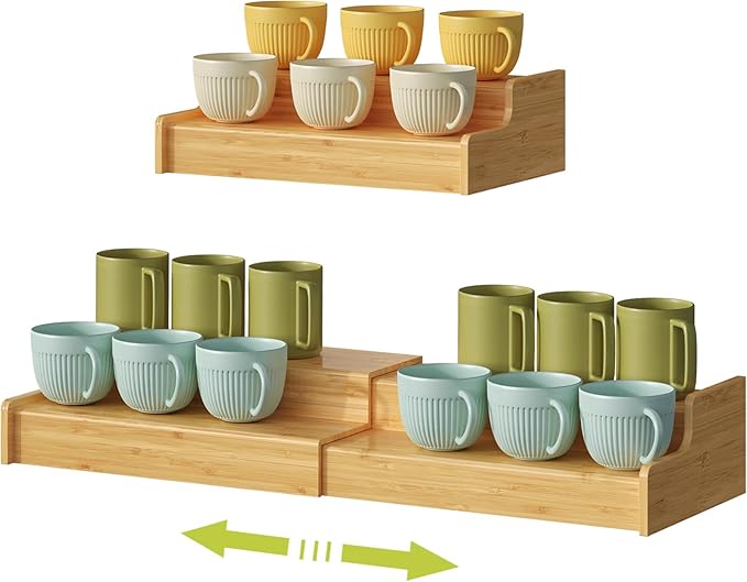 2-Tier Expandable Bamboo Mug Holder Coffee Mug Rack Organizer for Countertop, Multi-Functional Mug Display Shelf for Coffee Bar, Kitchen, and Home (15.75"~30.71")