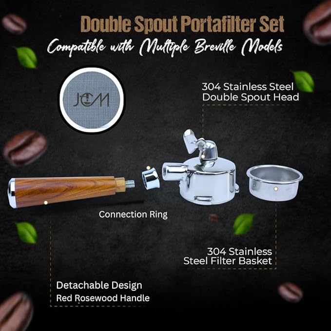 54mm Double Spout Portafilter 3 Ears Red Rosewood - Compatible with Breville espresso machines Includes 18g Filter Basket & 1.7mm Puck Screen
