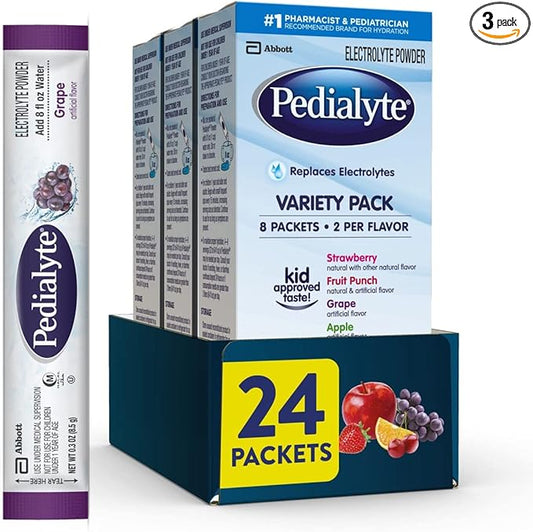 Pedialyte Electrolyte Powder, Hydration Drink for Kids & Adults, Variety Pack: Strawberry, Fruit Punch, Grape, and Apple, 24 Powder Packets