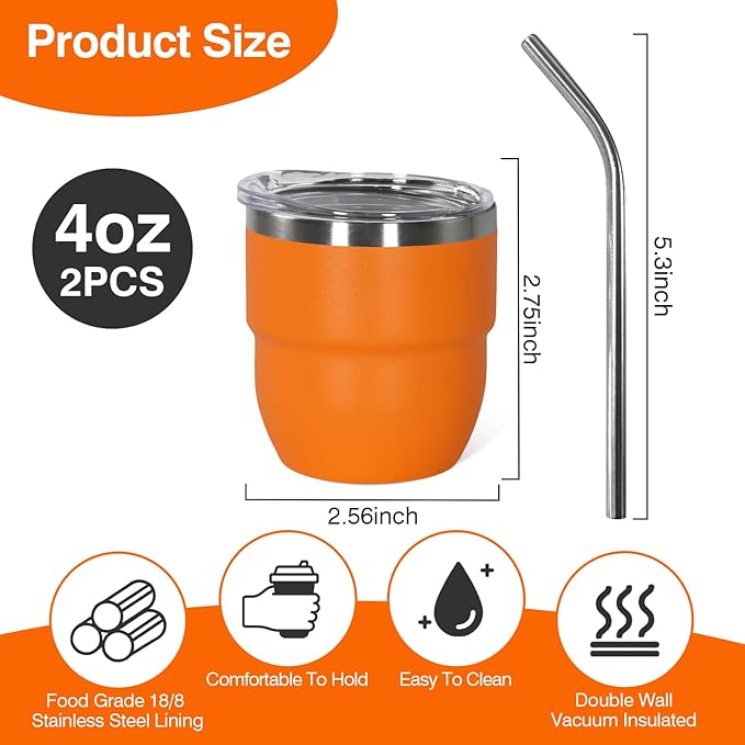 4oz Stackable Cup, Vacuum Insulated Espresso Cup Set of 2, Espresso Shot Glass for Coffee, Double Wall Stainless Steel Mini Tumbler Shot Glasses with Straw and Lid
