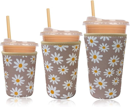 Reusable Insulated Neoprene Iced Coffee Cup Sleeve, Durable Drink Sleeve for Cold Beverages, Beverage Holder for iced coffee, Sunny Daisies