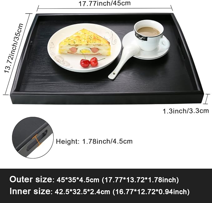 Serving Tray Black Large Food Breakfast Wood Butler Tray with Handle 17.77 x 13.72 x 1.78