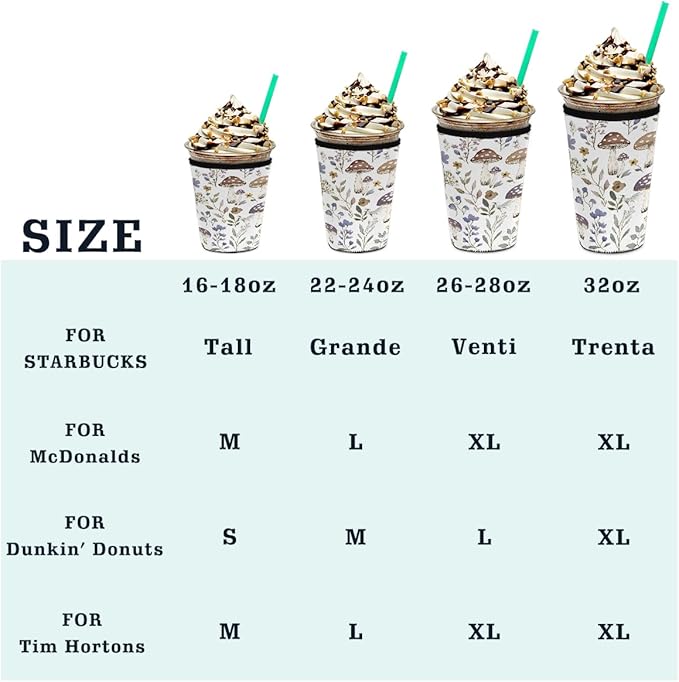 Wildflowers Mushroom Iced Coffee Sleeve for Cold Drink Cups, Reusable Neoprene Insulated Drink Sleeves Cup Cover for Beverages, Fits 26-28 oz