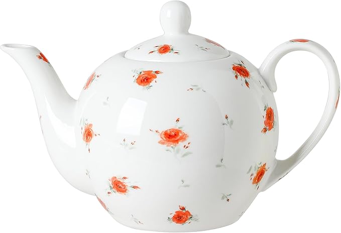 30oz FLoral Porcelain Teapot (4 Cups) - Elegant Ceramic Tea Pot with Vibrant Roses, Ideal for Loose Leaf & Bagged Tea, Dishwasher Safe