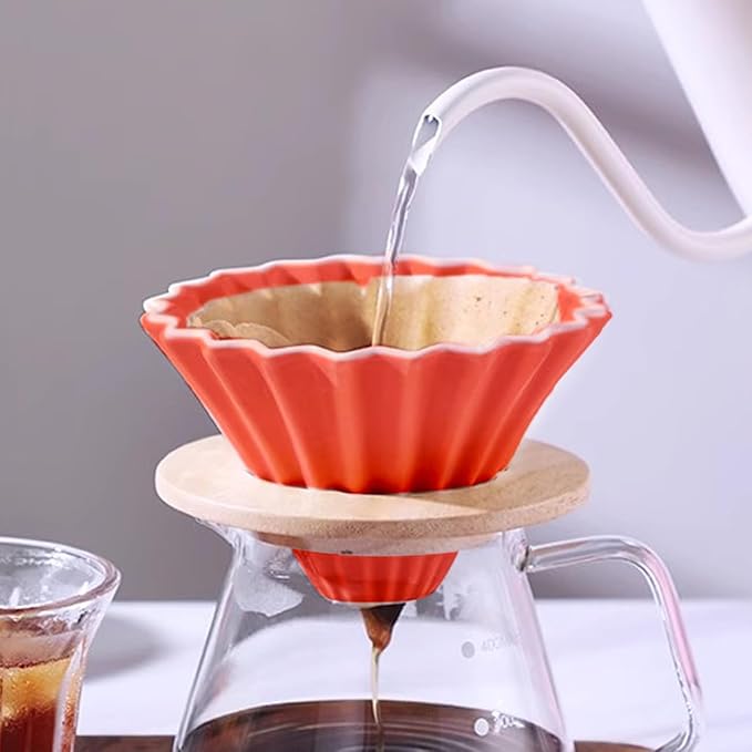 Ceramic Coffee Dripper with Wood Cup Stand Pour Over Coffee Maker Elegant Flower-shape V60 Strainer for 1-2 Cups Slow Brewing Accessories for Home Coffee Shops Restaurants Red
