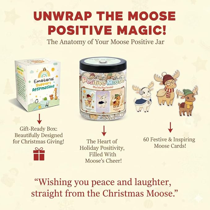 Positive Christmas Moose Jar with 60 Daily Affirmation Cards, Funny Emotional Support Gift for Men and Women, Cozy Christmas Gifts for Coworkers Teachers and Friends, Holiday Home or Office Decor