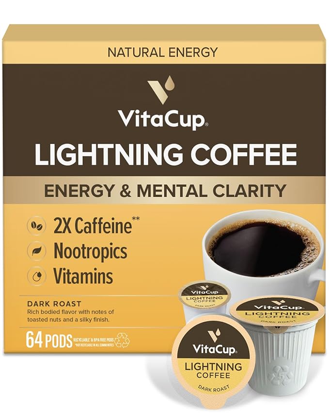VitaCup Lightning Coffee Pods, for Focus w/ 2X Caffeine, Green Coffee Bean, B Vit, D3, Strong Dark Roast Arabica Beans, Single Serve Pod Compatible with Keurig K-Cup Brewers, 64 Ct (4 Pack of 16 ct)