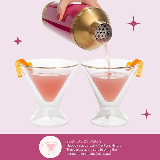 Paris Hilton 2-Piece Martini Glass Set, Double Wall Glass Design, Great for Martinis, Cocktails, Cosmopolitans, Margaritas, 7-Ounce, Clear