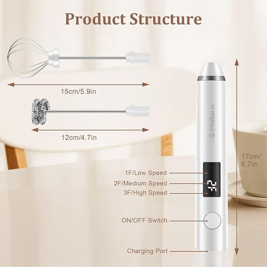 Philorn Milk Frother Wand Handheld Rechargeable Electric Whisk Coffee Drink Mixer, Mini Foamer for Lattes, Cappuccino, Frappe, Matcha, Hot Chocolate, Protein Powder, Keto Diet (White 2 Heads)