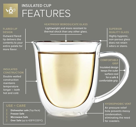 Teabloom Double Walled Borosilicate Glasses – Set of 2 Insulated Glass Cups for Tea, Coffee and More - 8 oz / 240 ml – Canterbury Bells Collection