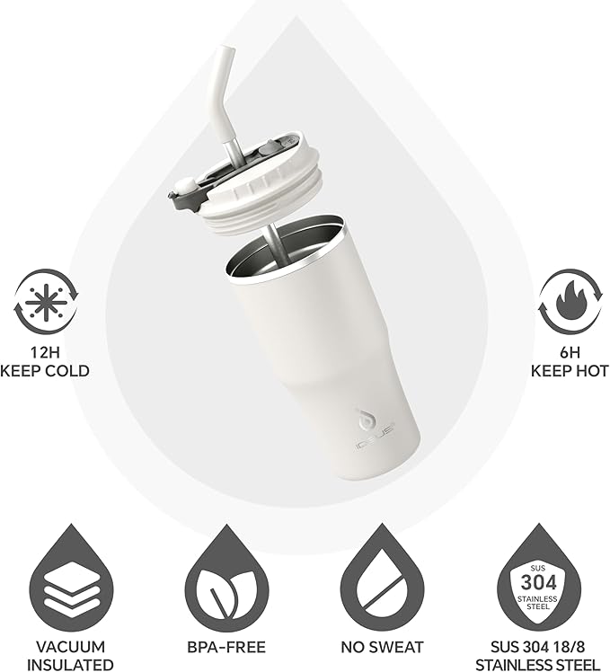 Ideus Insulated Tumbler with Lid and Straw 18 oz, Stainless Steel Double-Wall Vacuum Leak-Proof Travel Coffee Mug, Cup Holder Friendly, White