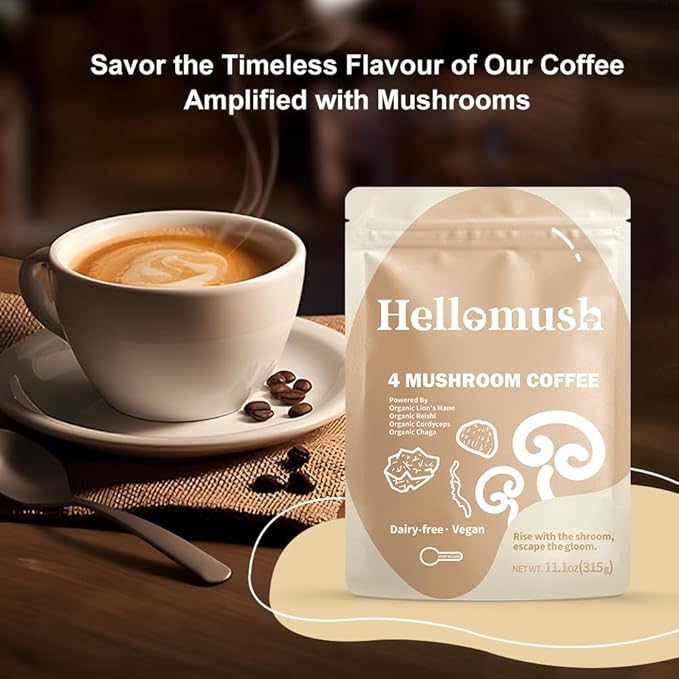 Hellomush Organic Instant Mushroom Coffee with Lions Mane, Reishi, Chaga and Cordyceps Coffee, Adaptogen Drink for Greater Energy, More Focus, Better Digestion, and Gut Support 90 Servings 11.11 oz