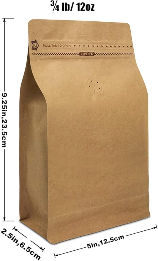 Natural Kraft Coffee Pouches, Resealable Coffee Bag with Valve, Flat Bottom Pull Tab Zipper (100pcs, 12oz, 0.75lb,340g)