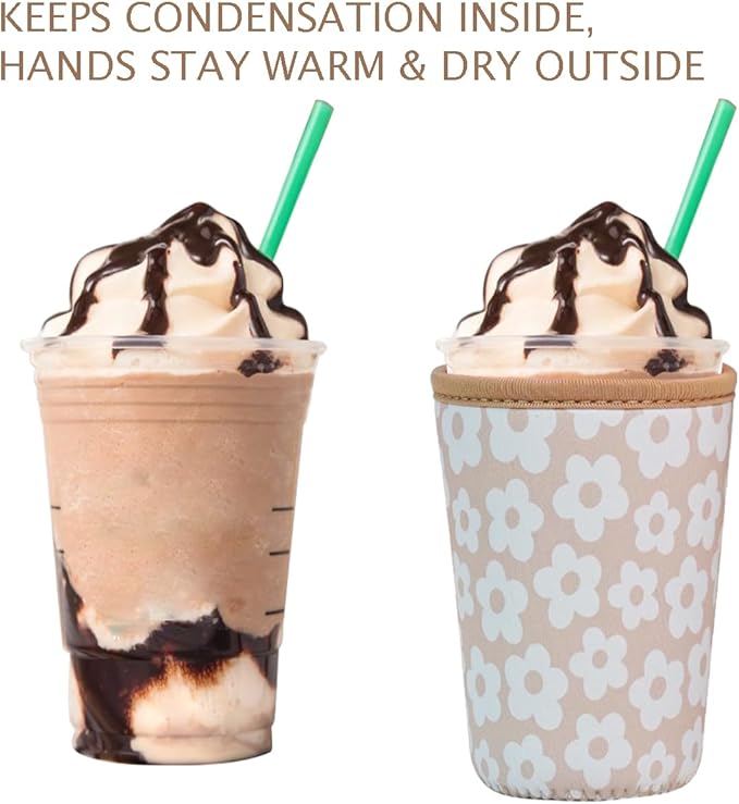 Reusable Insulated Neoprene Iced Coffee Cup Sleeve, Durable Drink Sleeve for Cold Beverages, Beverage Holder for Iced Coffee, Creamy Florals