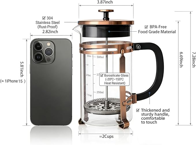 French Press Coffee Maker 21oz, 304 Stainless Steel 4Mesh Filter, Borosilicate Glass, Heat-Resistant, BPA-Free,Glass Carafe with Measurement Markings, Easy to Clean, forHome, Office & Gift